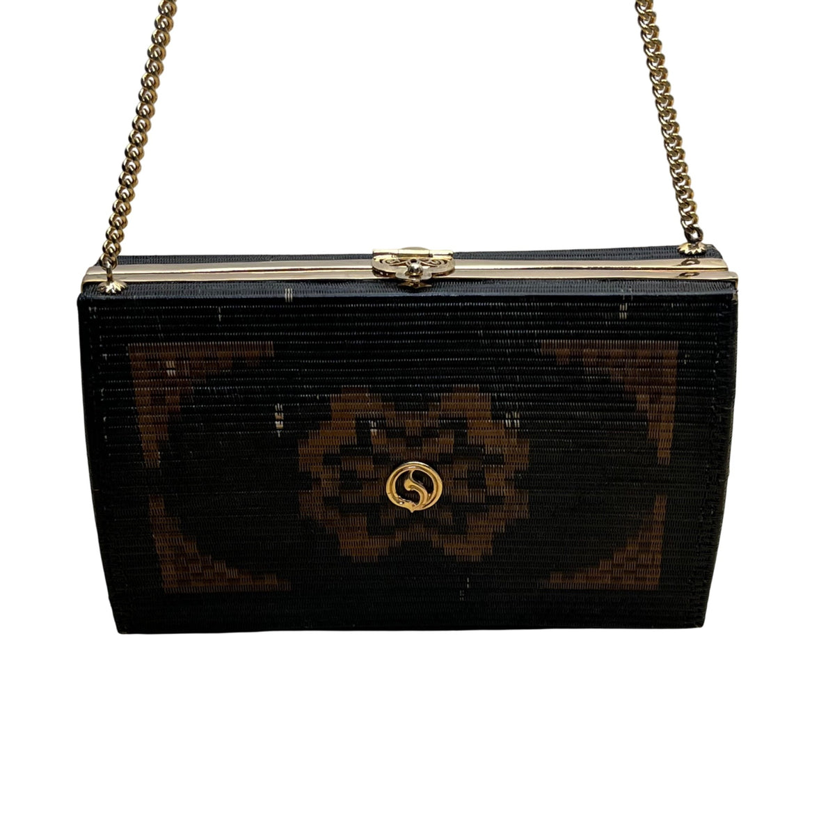 Handcrafted Women’s Black & Brown Chain Strap Woven Pattern Hardcase Clutch Bag