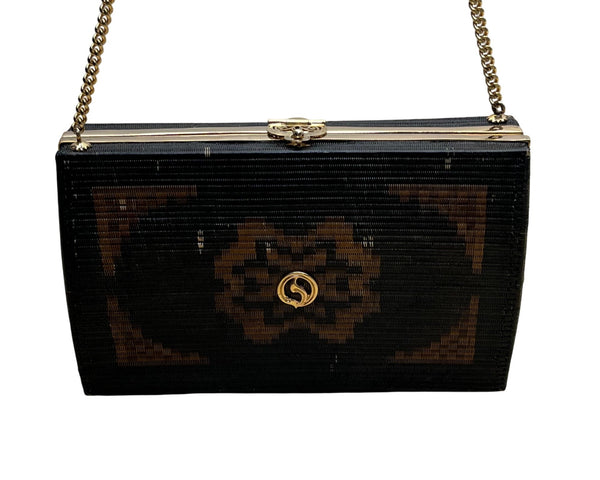Handcrafted Women’s Black & Brown Chain Strap Woven Pattern Hardcase Clutch Bag