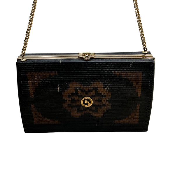 Handcrafted Women’s Black & Brown Chain Strap Woven Pattern Hardcase Clutch Bag