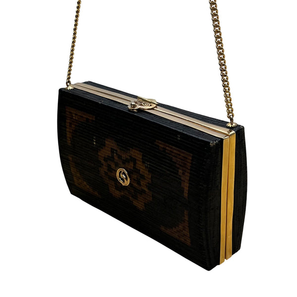 Handcrafted Women’s Black & Brown Chain Strap Woven Pattern Hardcase Clutch Bag
