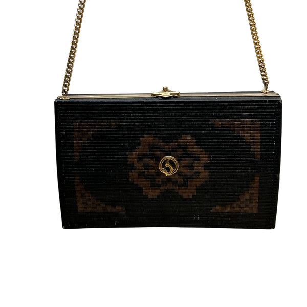 Handcrafted Women’s Black & Brown Chain Strap Woven Pattern Hardcase Clutch Bag