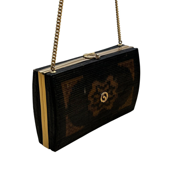 Handcrafted Women’s Black & Brown Chain Strap Woven Pattern Hardcase Clutch Bag