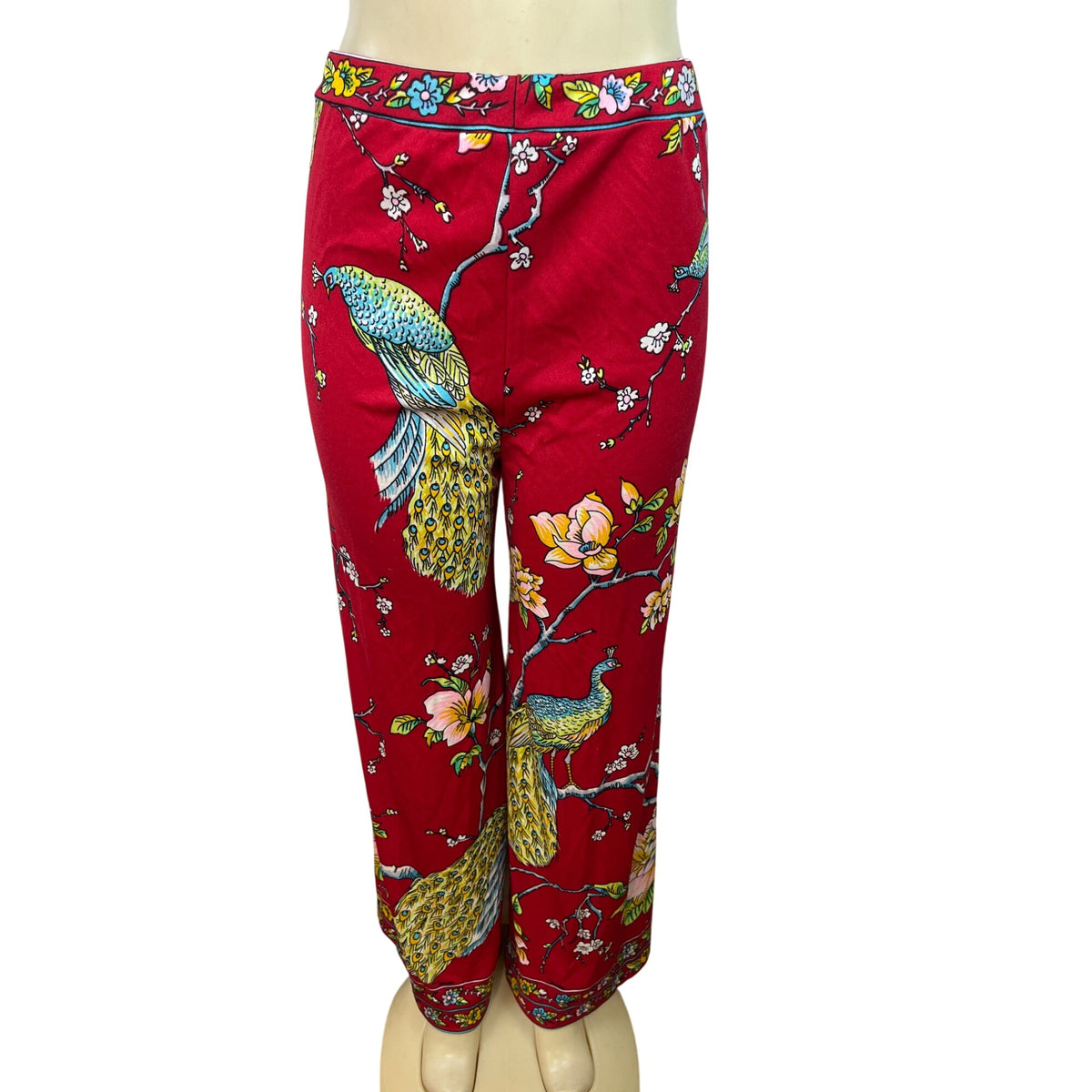Vintage Maurice Red Wide-Leg Pants With Peacock & Floral Print