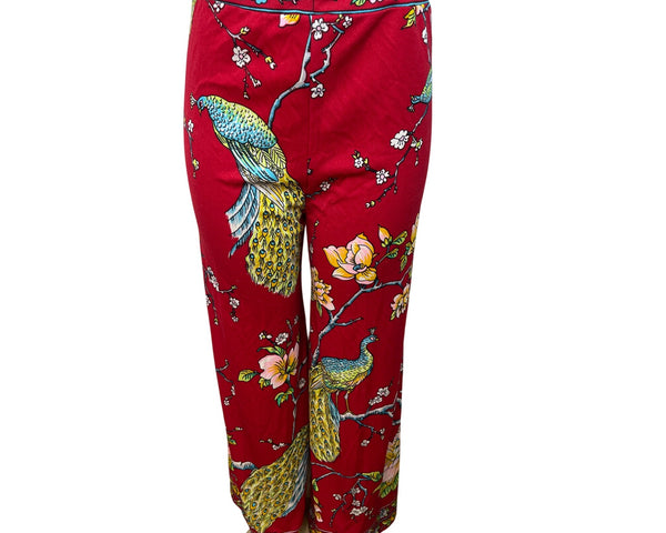 Vintage Maurice Red Wide-Leg Pants With Peacock & Floral Print