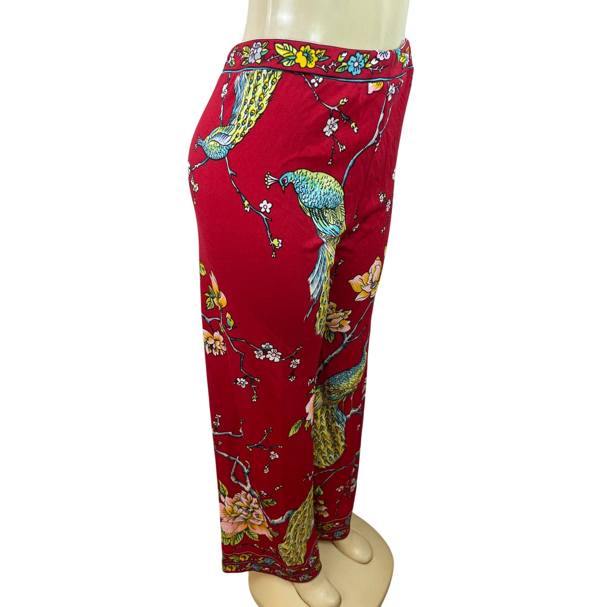 Vintage Maurice Red Wide-Leg Pants With Peacock & Floral Print