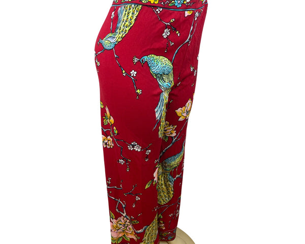 Vintage Maurice Red Wide-Leg Pants With Peacock & Floral Print