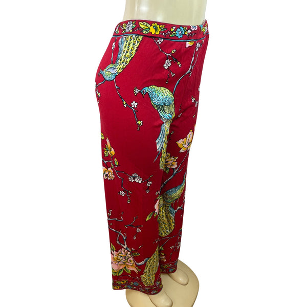 Vintage Maurice Red Wide-Leg Pants With Peacock & Floral Print