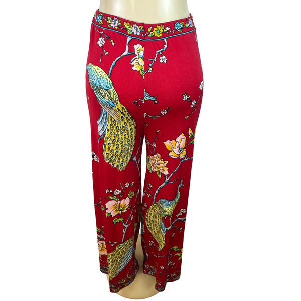 Vintage Maurice Red Wide-Leg Pants With Peacock & Floral Print