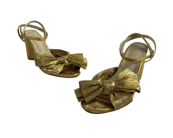 Unbranded Women's Gold Lame Bow Pleated Block Heeled Sandals Sz 42