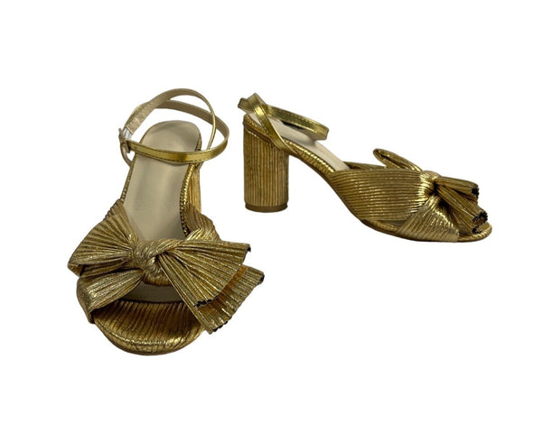 Unbranded Women's Gold Lame Bow Pleated Block Heeled Sandals Sz 42