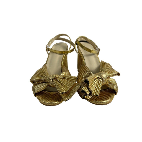 Unbranded Women's Gold Lame Bow Pleated Block Heeled Sandals Sz 42