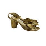 Unbranded Women's Gold Lame Bow Pleated Block Heeled Sandals Sz 42