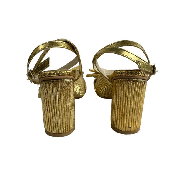 Unbranded Women's Gold Lame Bow Pleated Block Heeled Sandals Sz 42