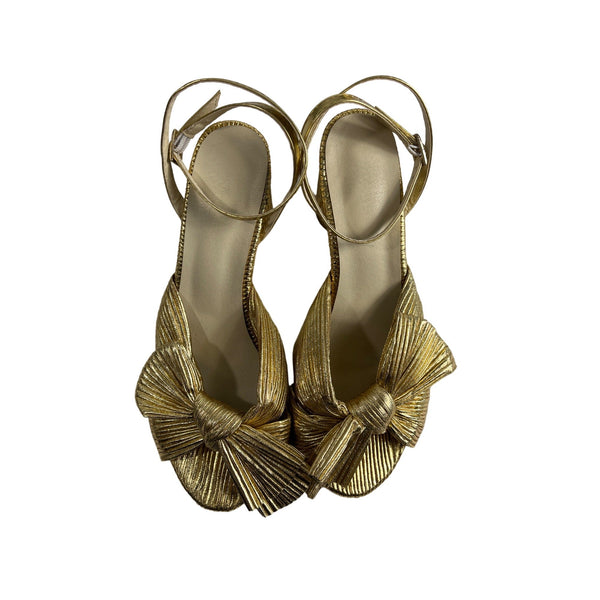 Unbranded Women's Gold Lame Bow Pleated Block Heeled Sandals Sz 42