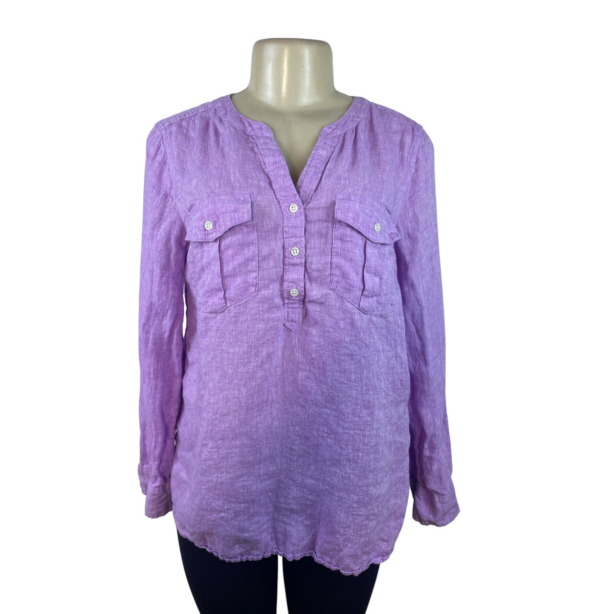 Talbots Womens Purple Linen Button-Front Long Sleeve Blouse Size M
