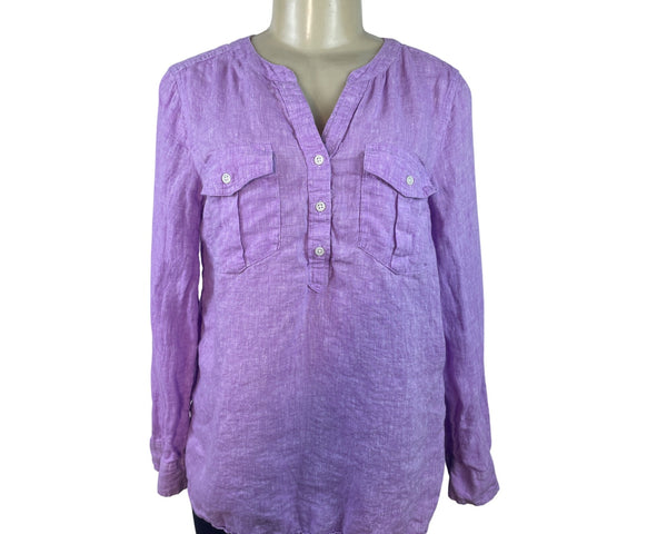 Talbots Womens Purple Linen Button-Front Long Sleeve Blouse Size M