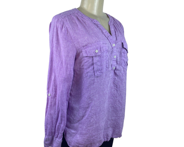 Talbots Womens Purple Linen Button-Front Long Sleeve Blouse Size M