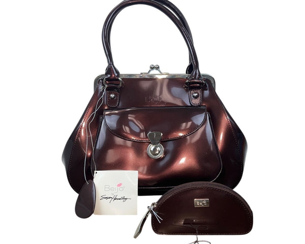 Beijo Brown Leather With Matching Coin Purse Set Twist Lock Women Handbag Size M