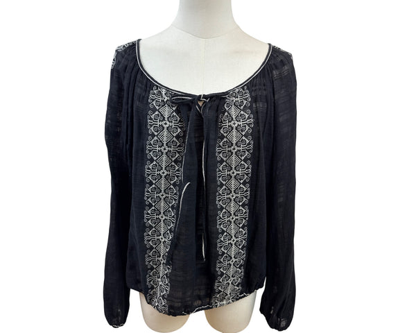 Max Studio Womens Embroidered Boho-Style Peasant Blouse Black & White Sz XL