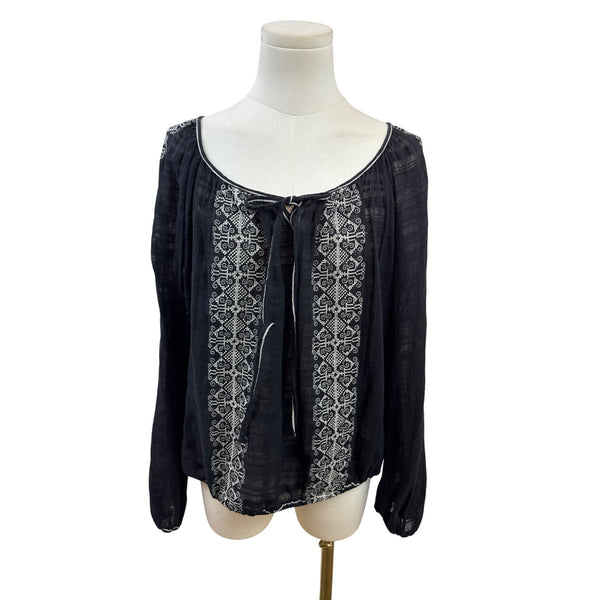 Max Studio Womens Embroidered Boho-Style Peasant Blouse Black & White Sz XL