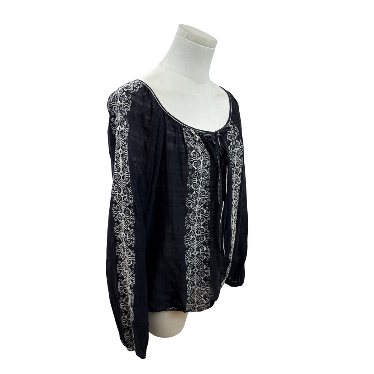Max Studio Womens Embroidered Boho-Style Peasant Blouse Black & White Sz XL