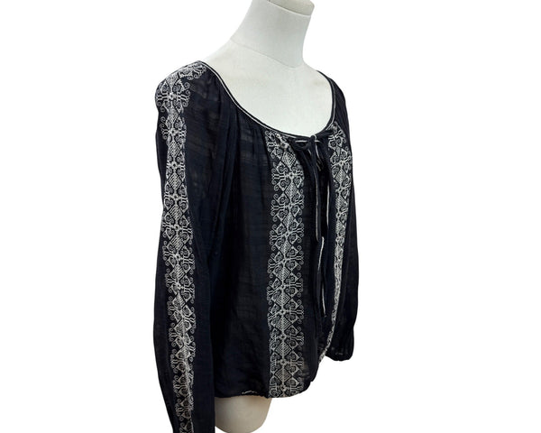 Max Studio Womens Embroidered Boho-Style Peasant Blouse Black & White Sz XL