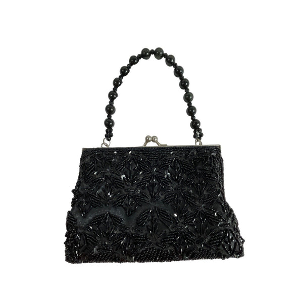Vintage 90s Bijoux Sterner Women's Black Satin Beaded Sequin Handbag Sz S