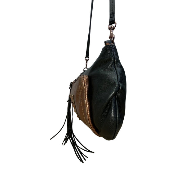 B. Makowsky Women’s Black & Bronze Leather With Fringe Zippered Crossbody Bag