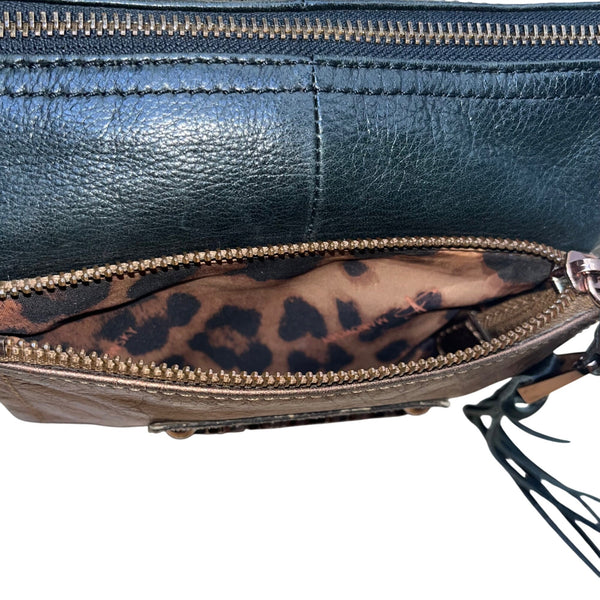 B. Makowsky Women’s Black & Bronze Leather With Fringe Zippered Crossbody Bag