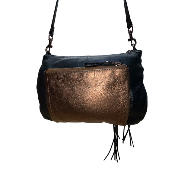 B. Makowsky Women’s Black & Bronze Leather With Fringe Zippered Crossbody Bag