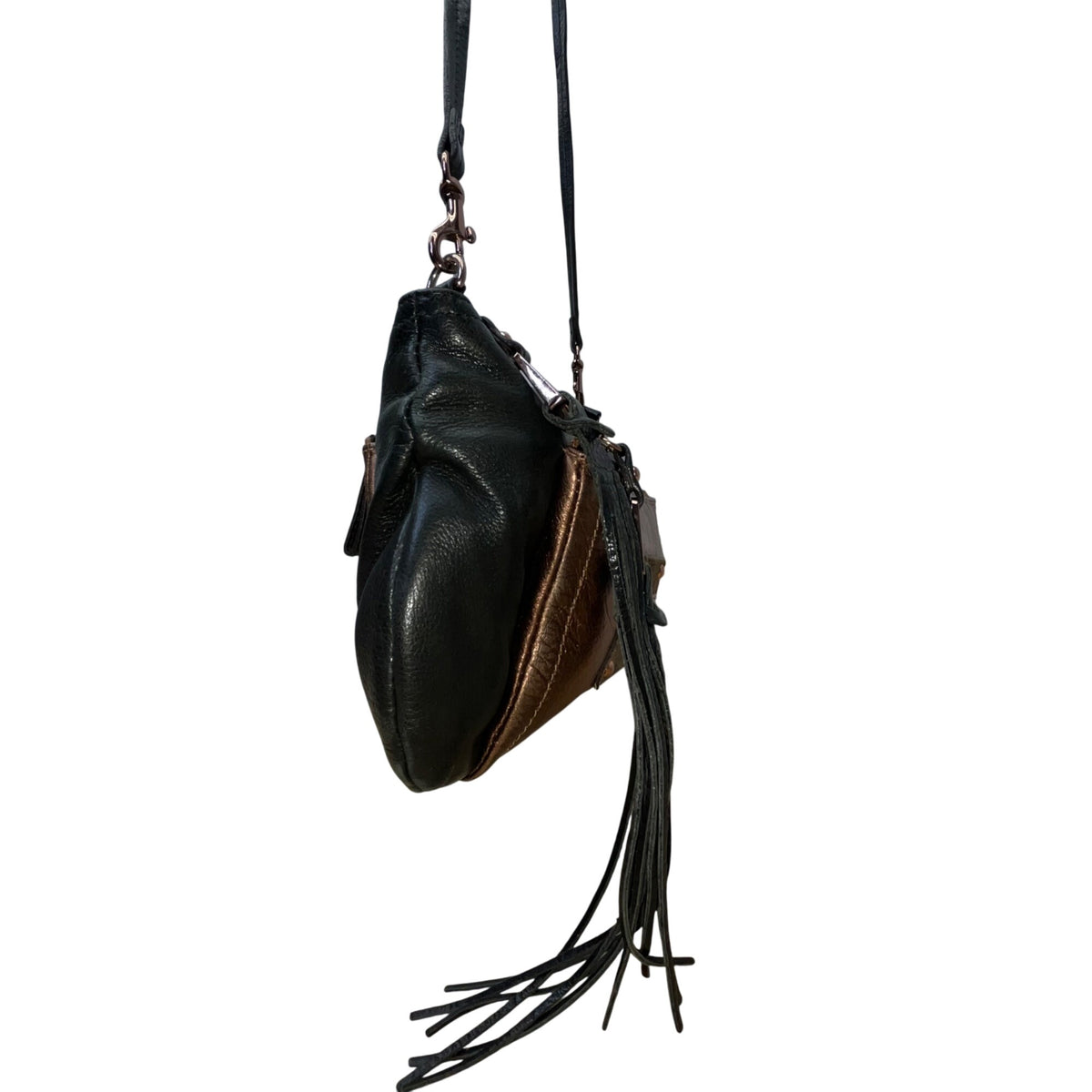 B. Makowsky Women’s Black & Bronze Leather With Fringe Zippered Crossbody Bag