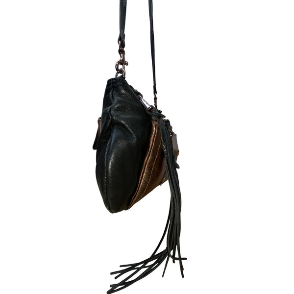 B. Makowsky Women’s Black & Bronze Leather With Fringe Zippered Crossbody Bag
