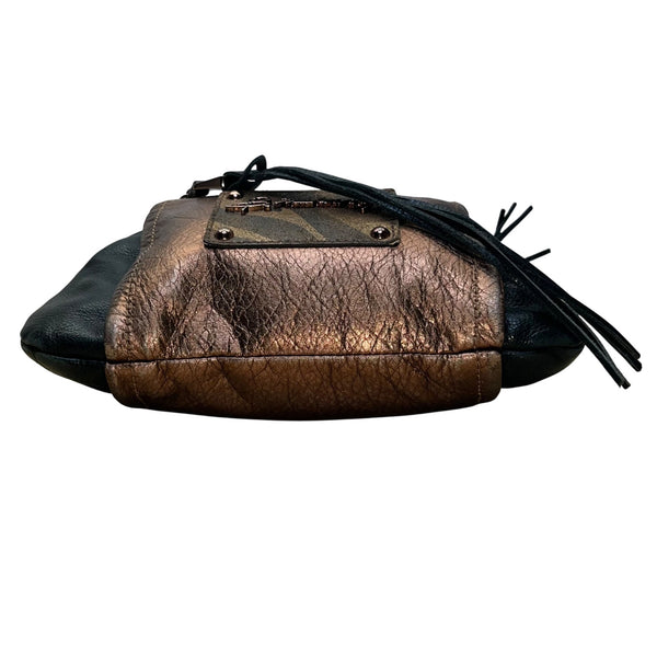 B. Makowsky Women’s Black & Bronze Leather With Fringe Zippered Crossbody Bag