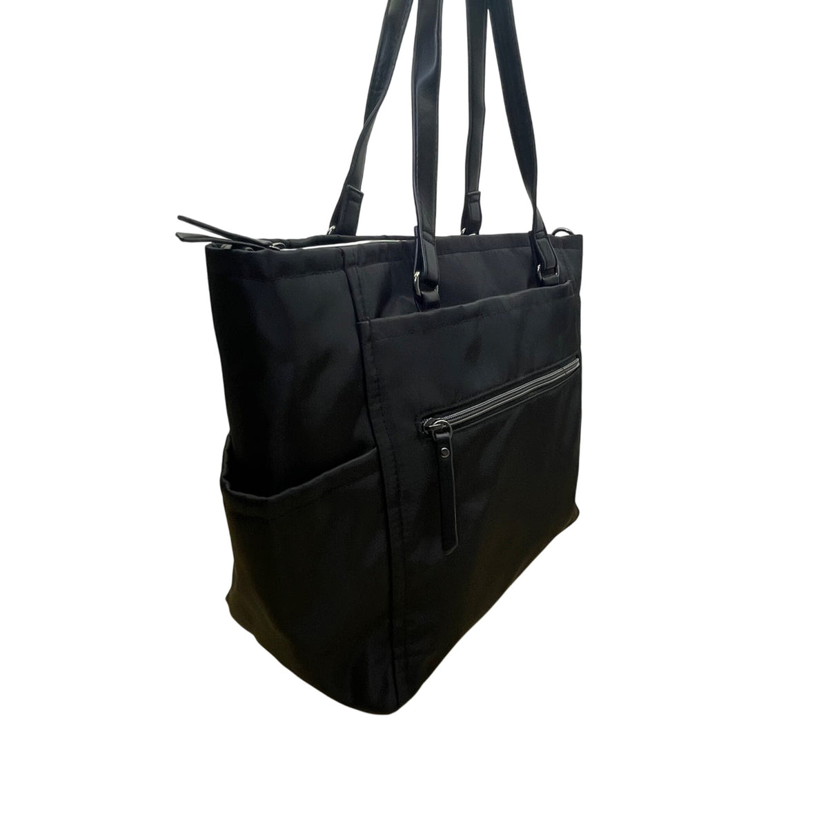 Women’s Black Nylon With Faux Leather Handles & Multiple Compartments Tote Bag