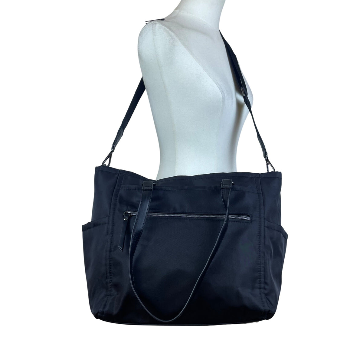 Women’s Black Nylon With Faux Leather Handles & Multiple Compartments Tote Bag
