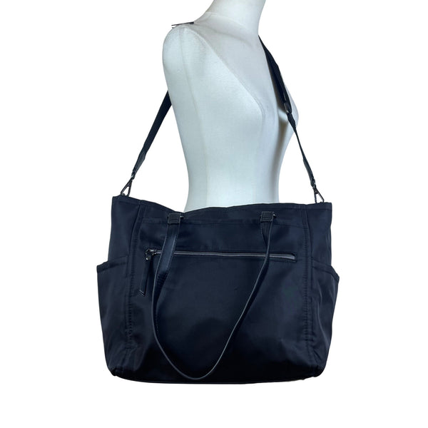 Women’s Black Nylon With Faux Leather Handles & Multiple Compartments Tote Bag
