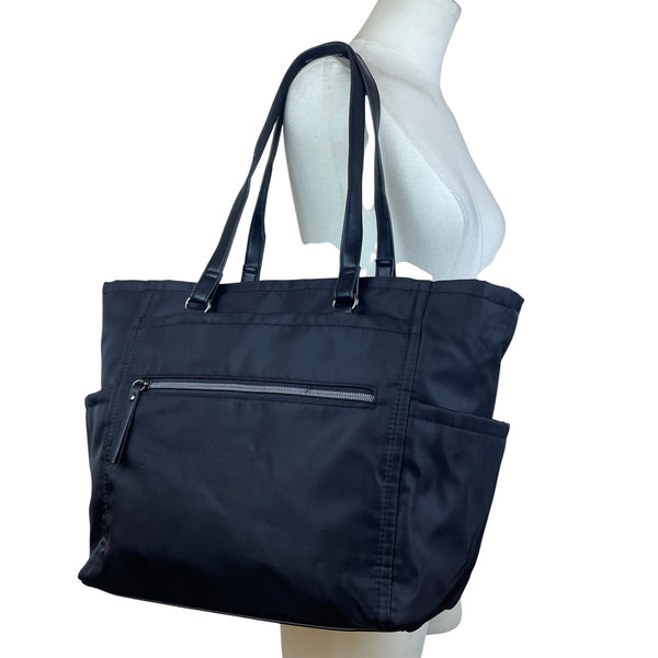 Women’s Black Nylon With Faux Leather Handles & Multiple Compartments Tote Bag
