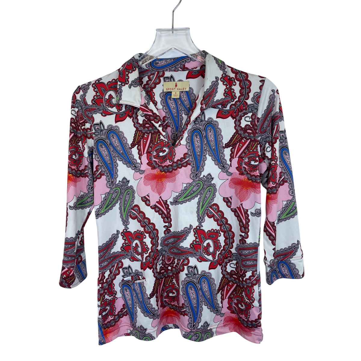 Sport Haley Womens Multi-Color Patterned 3/4 Sleeve Polo Shirt Size S