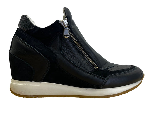 Geox Women’s Black Leather & Suede With Zip Closure Wedge Sneakers Sz US 9 -EU40