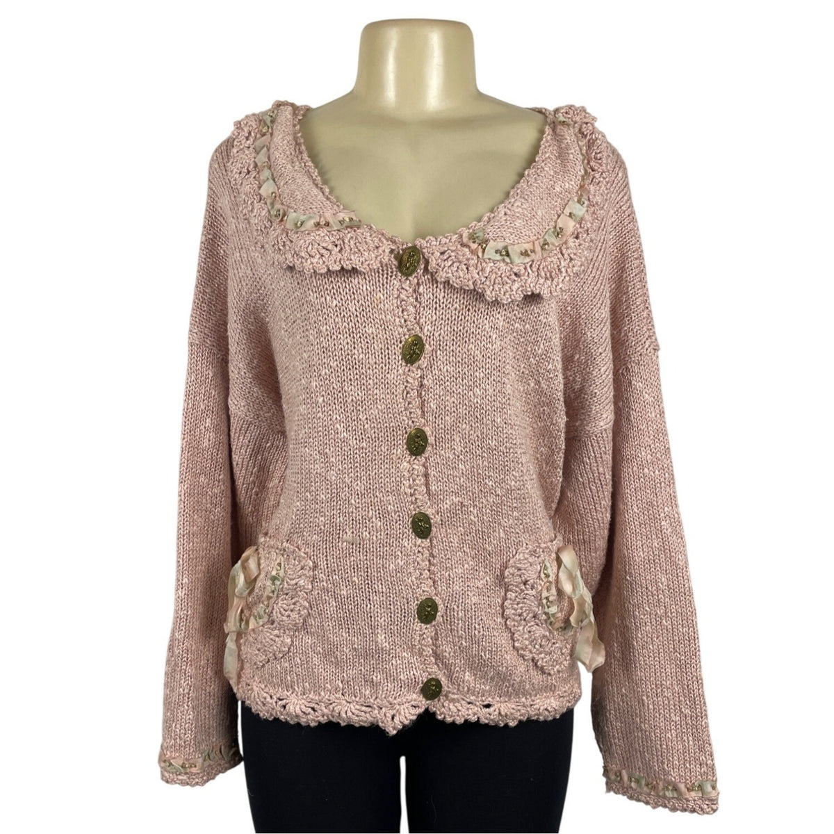 Hot Knots Vintage-Inspired Pink Knit Cardigan With Embellished Pockets