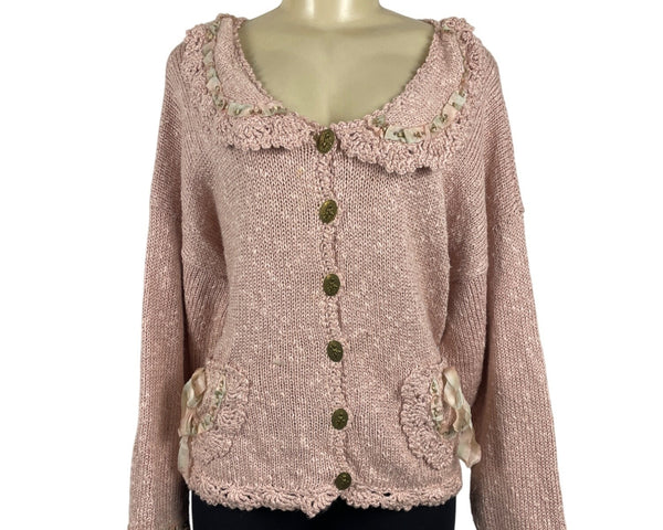 Hot Knots Vintage-Inspired Pink Knit Cardigan With Embellished Pockets