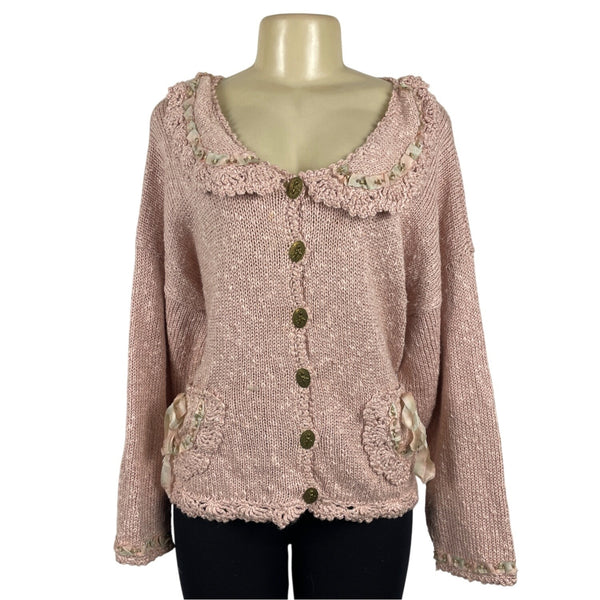 Hot Knots Vintage-Inspired Pink Knit Cardigan With Embellished Pockets
