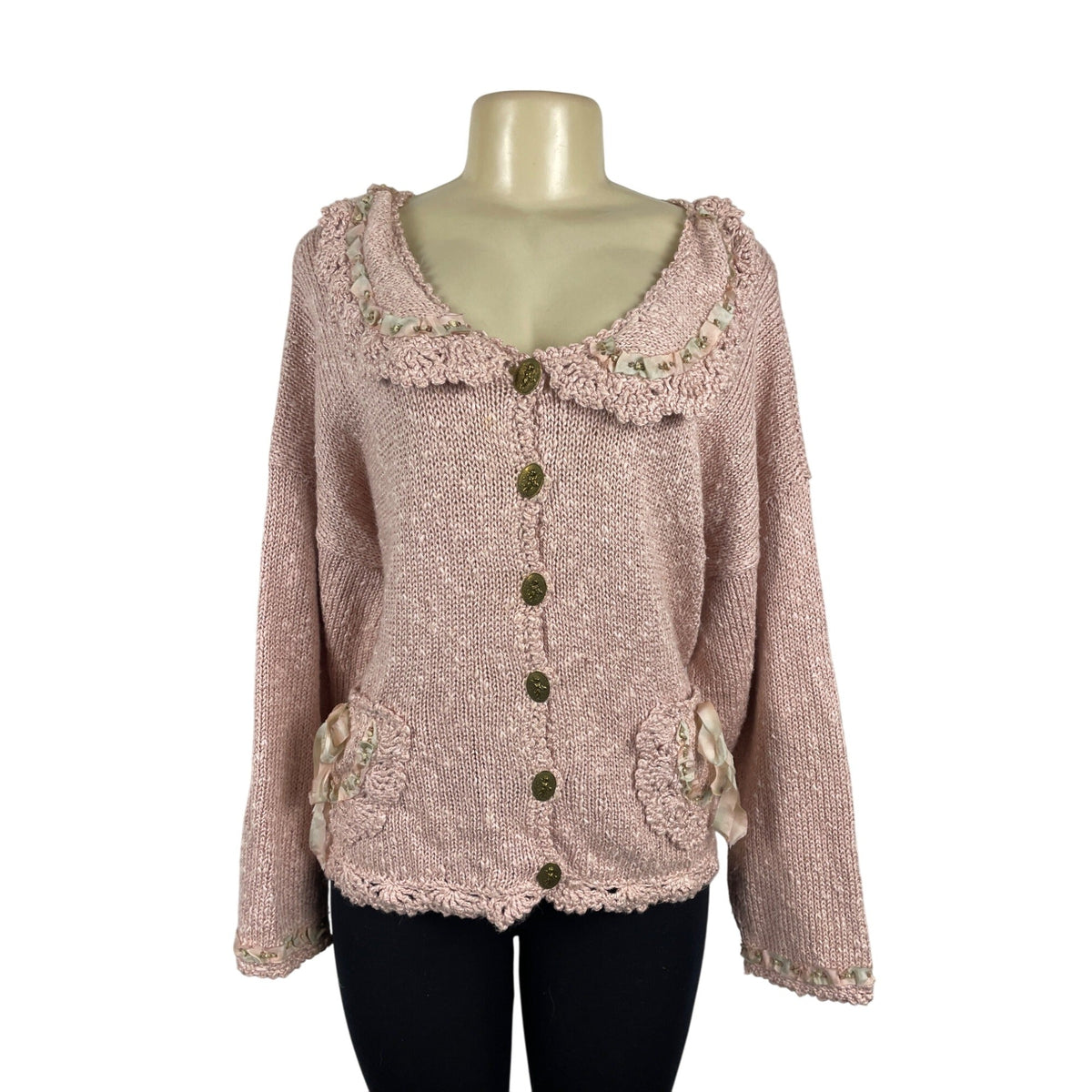 Hot Knots Vintage-Inspired Pink Knit Cardigan With Embellished Pockets