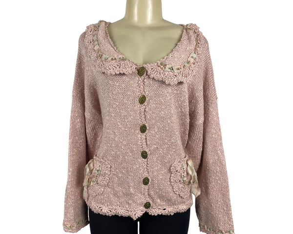 Hot Knots Vintage-Inspired Pink Knit Cardigan With Embellished Pockets