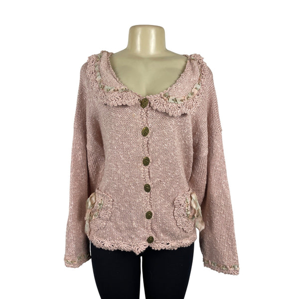 Hot Knots Vintage-Inspired Pink Knit Cardigan With Embellished Pockets