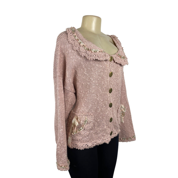 Hot Knots Vintage-Inspired Pink Knit Cardigan With Embellished Pockets