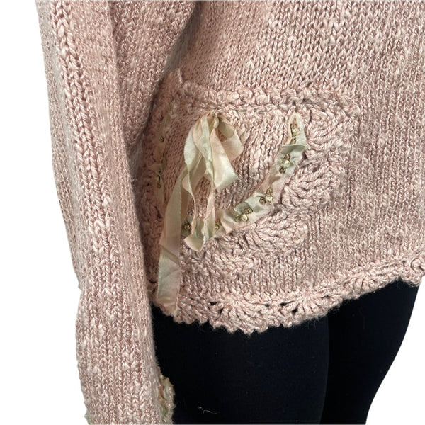 Hot Knots Vintage-Inspired Pink Knit Cardigan With Embellished Pockets