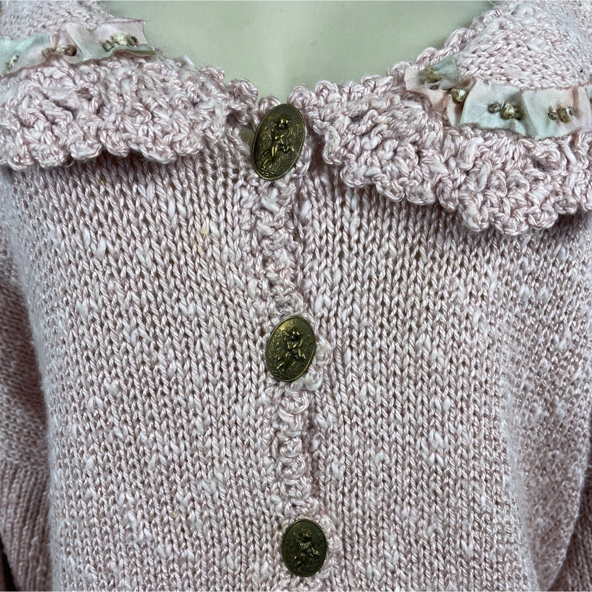 Hot Knots Vintage-Inspired Pink Knit Cardigan With Embellished Pockets