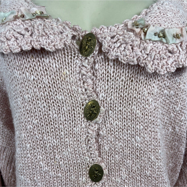 Hot Knots Vintage-Inspired Pink Knit Cardigan With Embellished Pockets