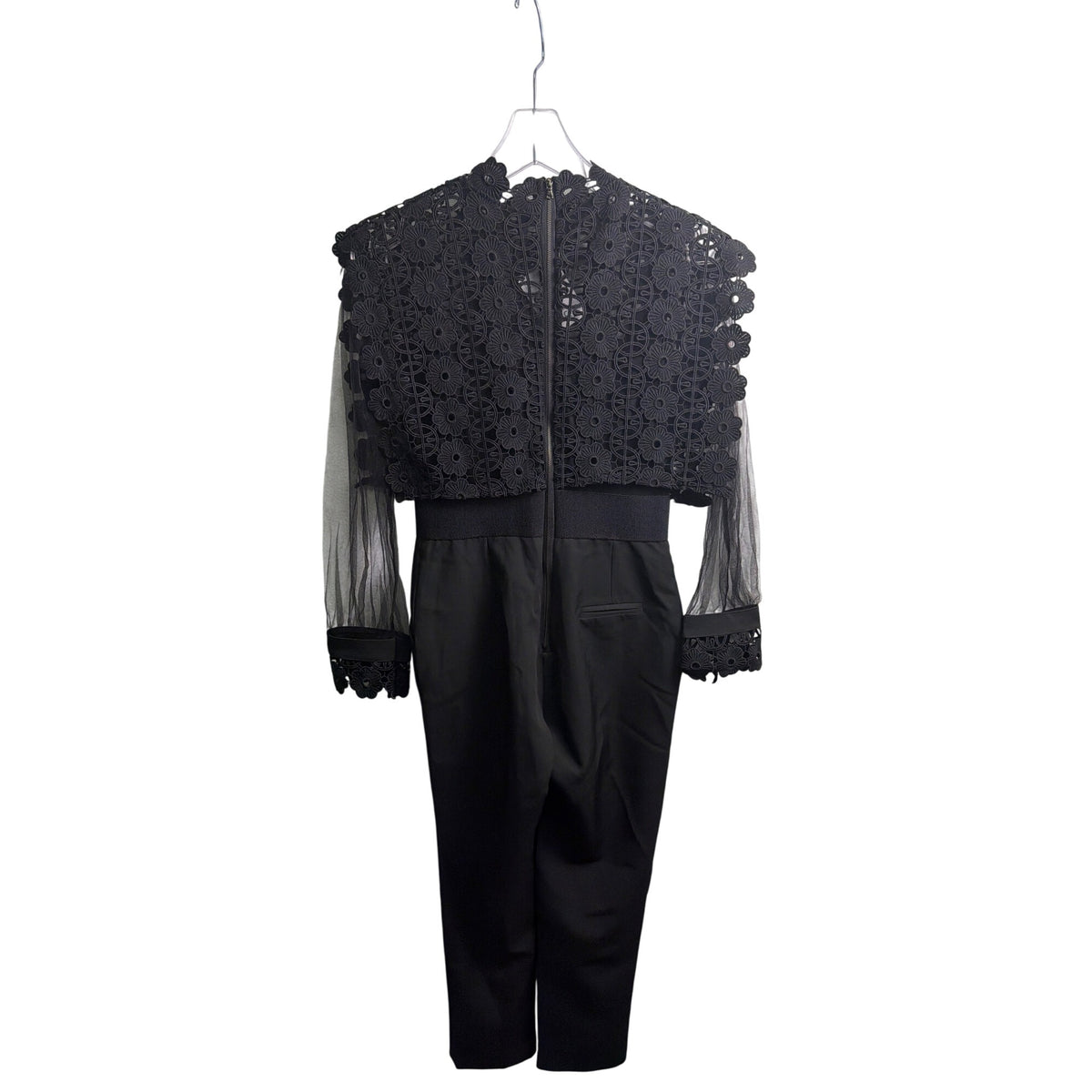 Lace & Sheer Womens Black Jumpsuit With Floral Appliqué Elegant Design Size S